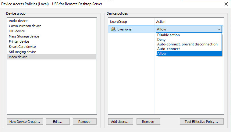 Pre-defined device groups with pre-defined policies